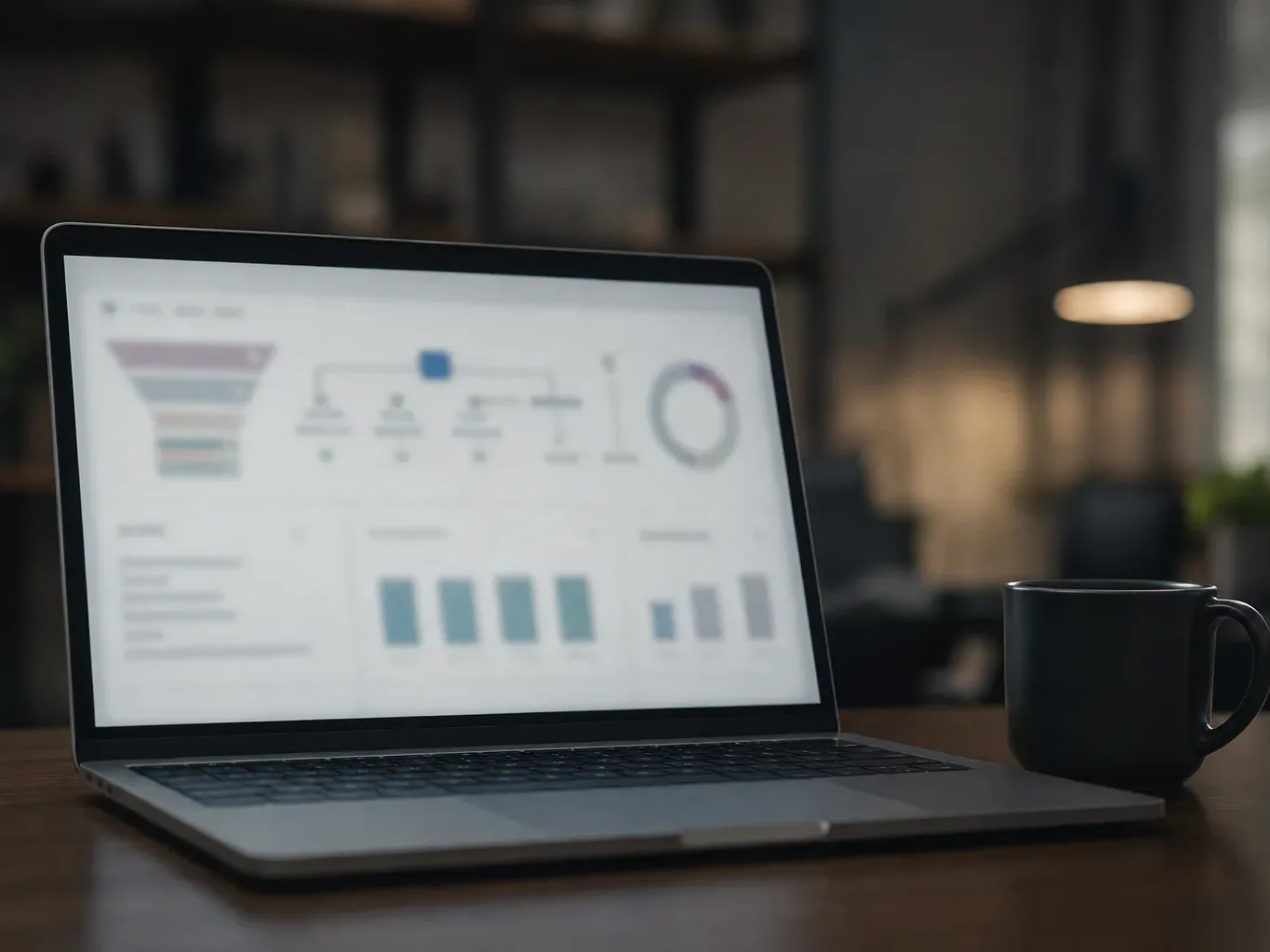 An open laptop on a wooden desk displays a blurred data dashboard with colourful charts, beside a dark mug, in a dimly lit office