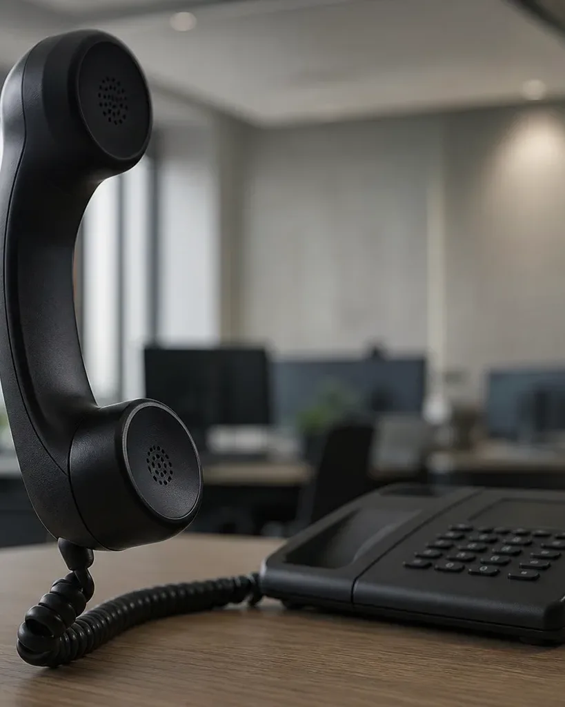 A black desk phone handset lifted upright on a wooden work surface, its coiled cord trailing to the base unit, in a blurred open-plan office behind