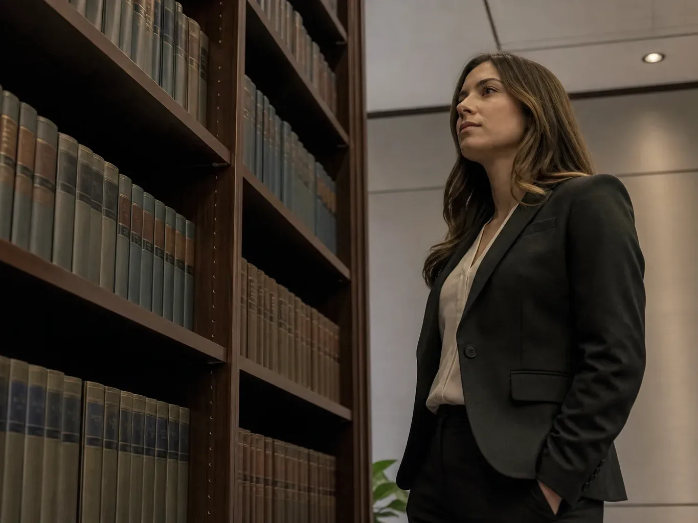 A person in a dark suit stands beside a tall wooden bookcase filled with rows of bound volumes in a modern office interior