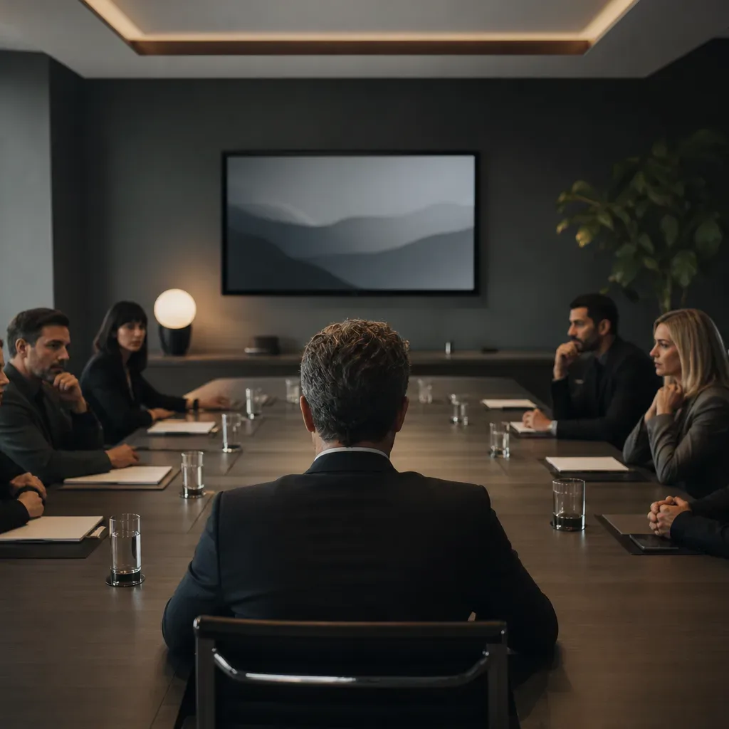 Seven people sit around a long dark conference table in a modern meeting room, facing a wall-mounted screen, with glasses of water and notepads in front of them