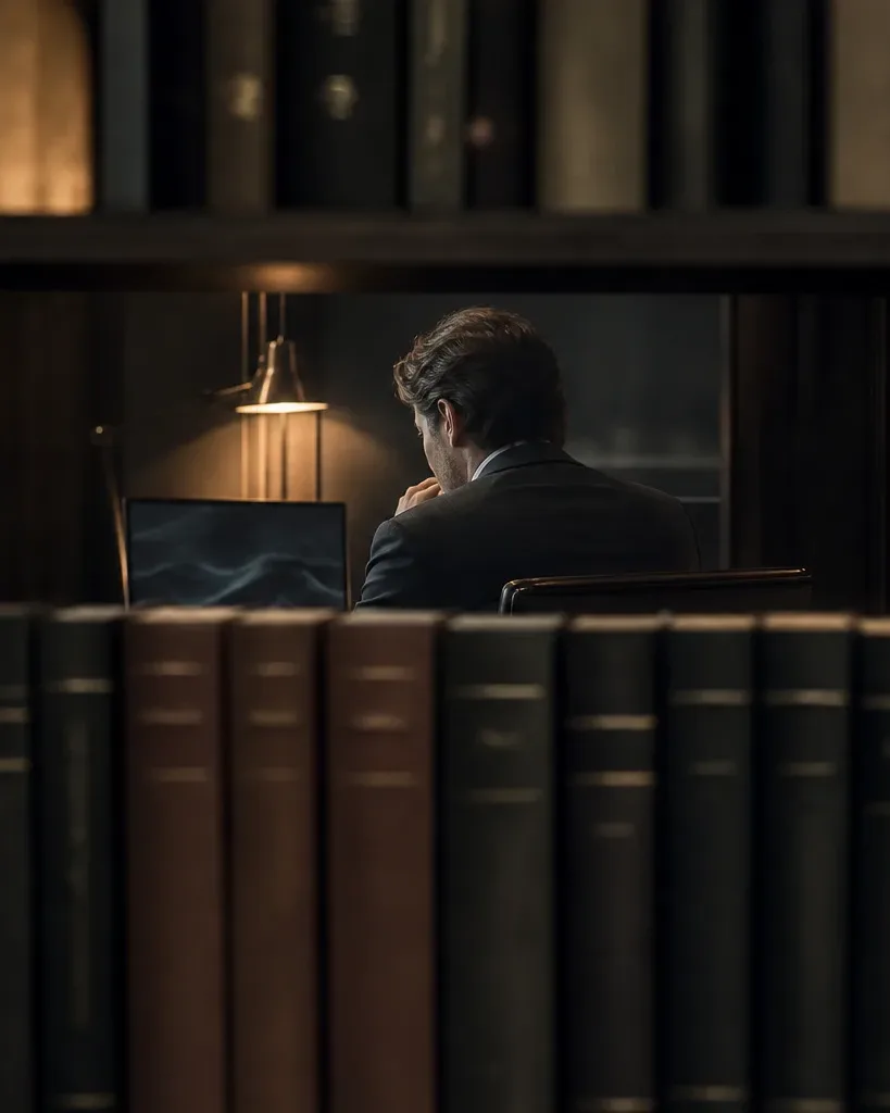 A person in a dark suit sits at a desk behind a row of upright bound volumes on a shelf, working at a laptop under a warm desk lamp