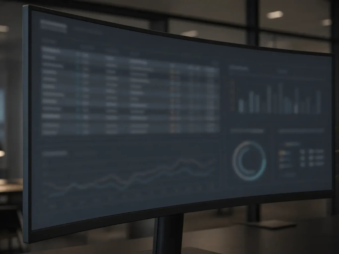 A wide curved monitor displays a dark dashboard with blurred graphs and charts, set against a softly lit open-plan office behind