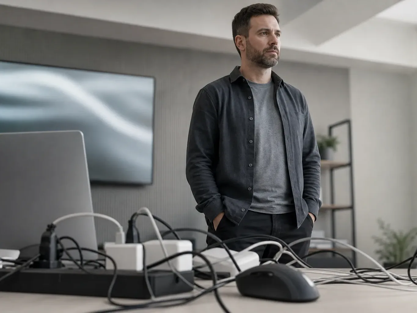 A person stands with hands in pockets beside a work surface covered in a tangle of cables and a wireless mouse, with a monitor on the wall behind