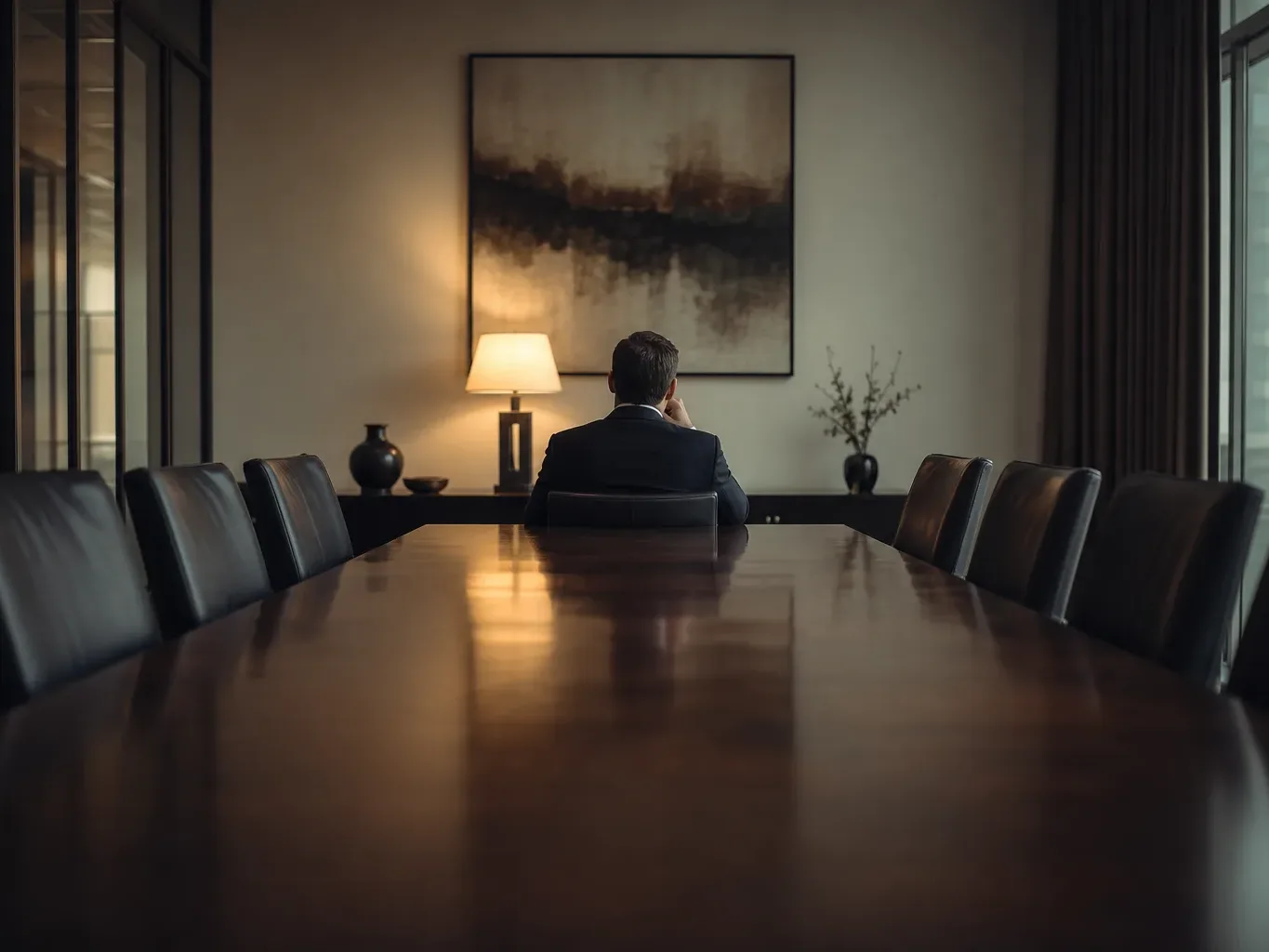A person in a dark suit sits alone at the far end of a long polished conference table surrounded by empty leather chairs, lit by a warm table lamp