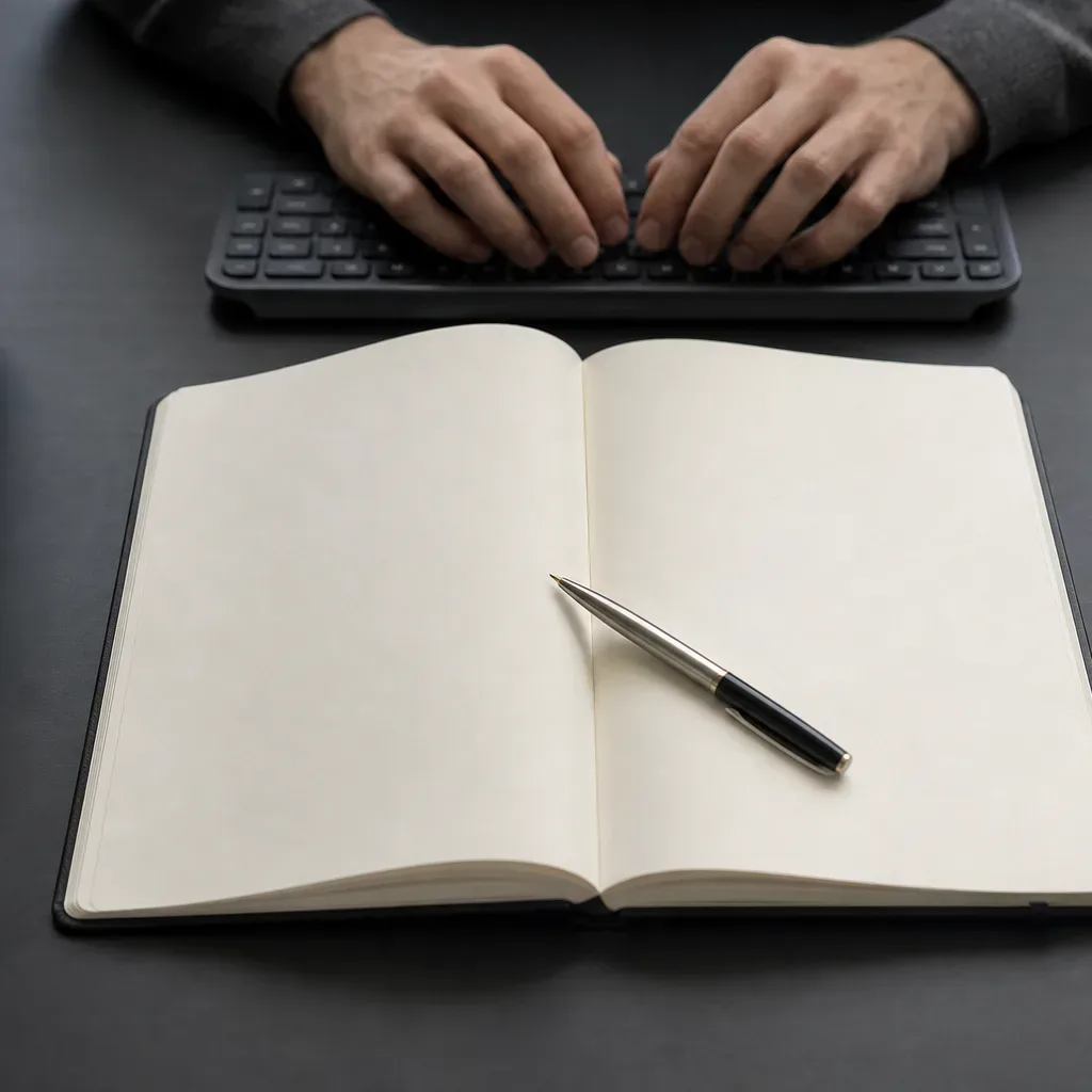 A person types at a dark keyboard behind an open blank notebook with a ballpoint pen resting across its pages, beside a mug and small plant on a dark desk