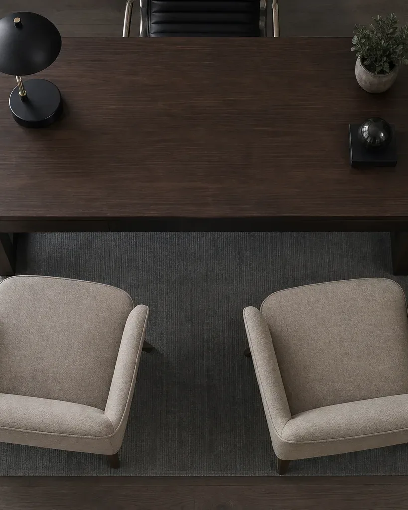 Overhead view of a dark wooden desk with a black table lamp and small plant, flanked by two upholstered beige armchairs on a grey rug