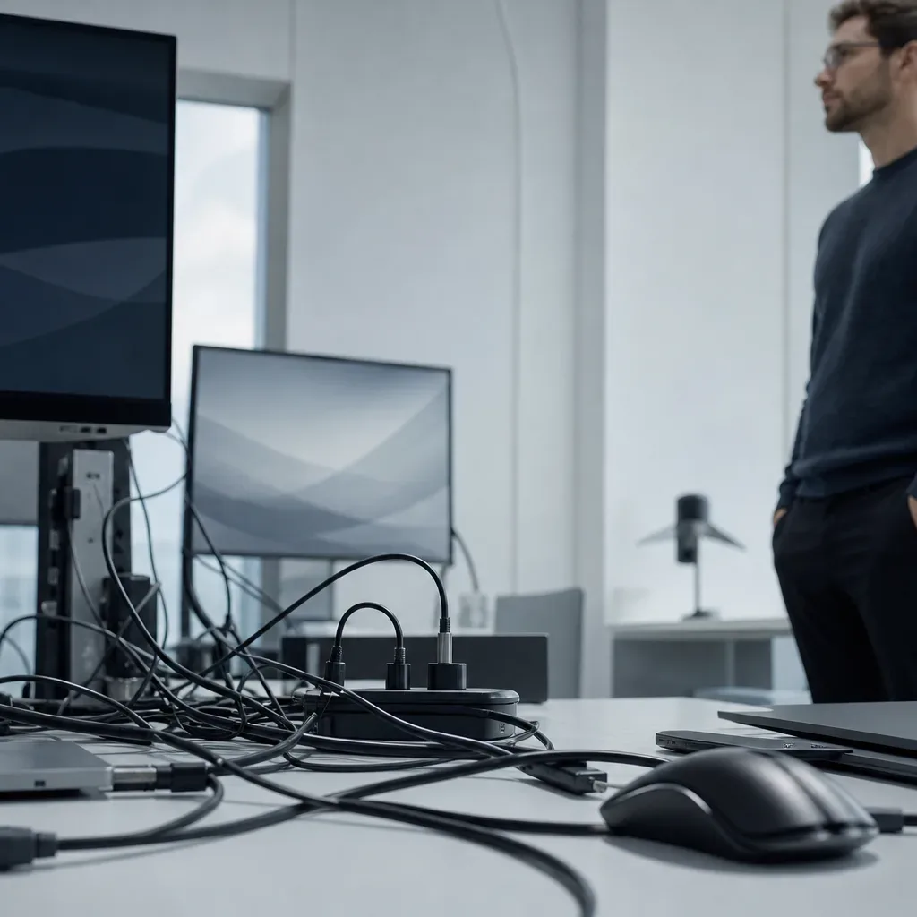 A tangle of cables and a wireless mouse on a work surface in the foreground, with a person standing in the background of a bright open-plan office
