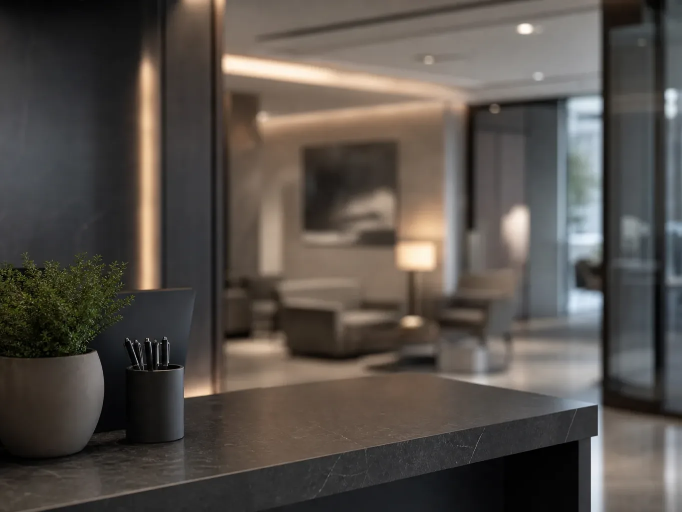 A clean marble-topped reception desk holds a small potted plant and a pen holder, with a softly lit lobby seating area visible in the background