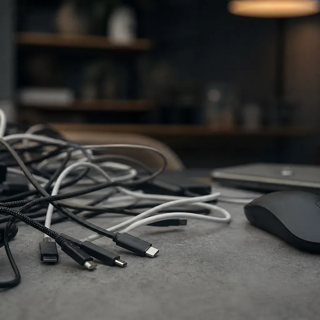 A tangle of black and white charging cables with various connector types lies on a grey work surface beside a wireless mouse and a laptop