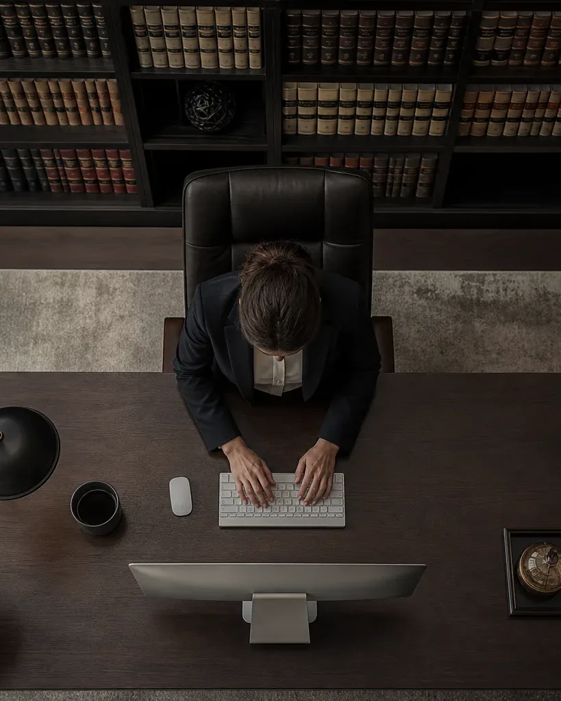A person in a dark blazer works at a keyboard on a large wooden desk, viewed from directly above, with floor-to-ceiling shelves of bound volumes lining the wall behind