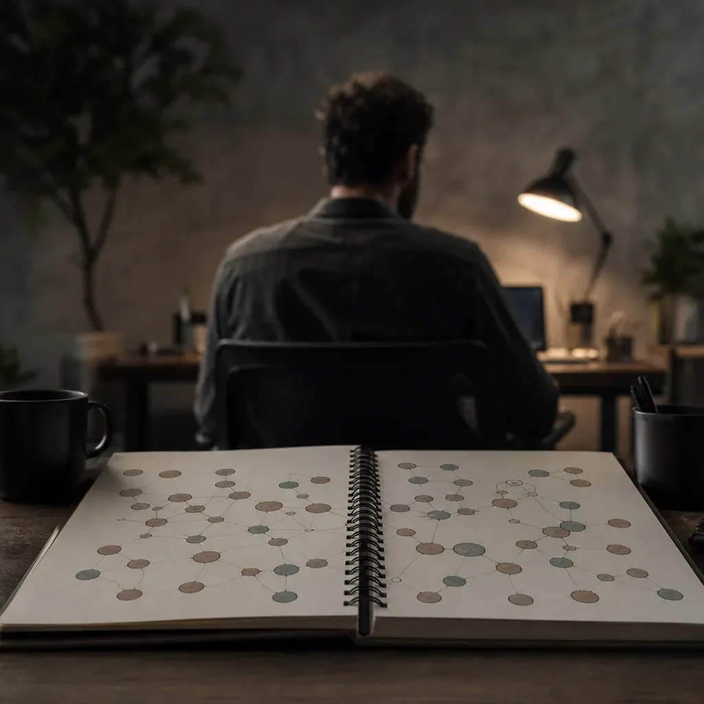 A person sits with their back to camera at a dimly lit desk, a lamp glowing ahead of them, while an open spiral notebook filled with a hand-drawn node-and-line diagram lies in the foreground