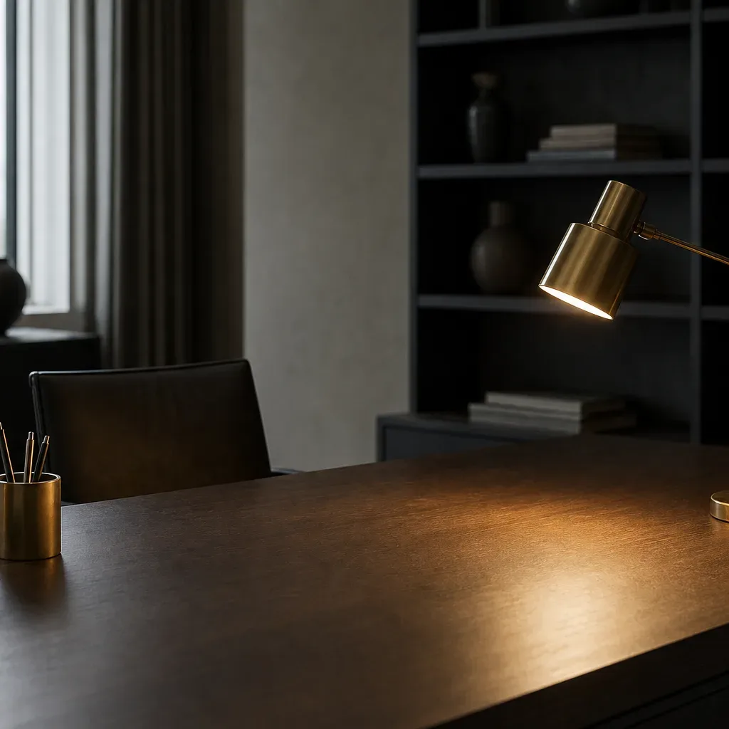 A brass adjustable desk lamp casts warm golden light across a dark wooden writing surface, with diffuse daylight entering from a window to one side and a dark bookcase visible behind