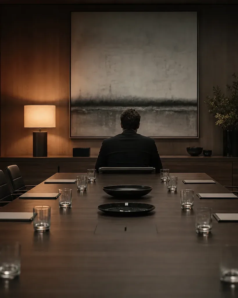 A person in dark clothing sits alone at the far end of a large boardroom table set with glasses, notepads and black bowls, seen from behind in warm lamplight beneath an abstract painting