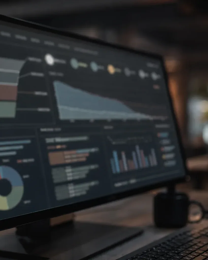 A wide monitor displaying a dark analytics dashboard with coloured charts, graphs and a donut chart, on a desk beside a keyboard in a dimly lit room