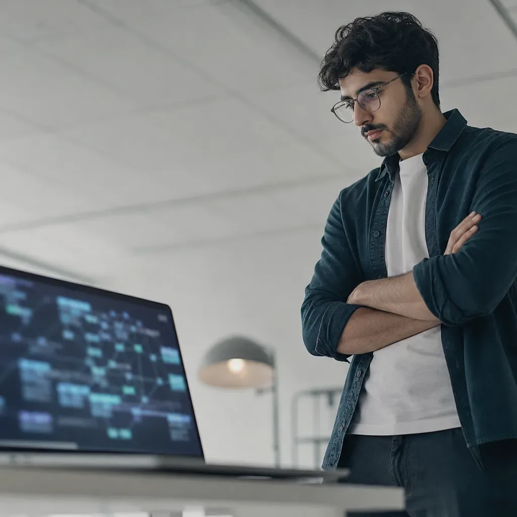 A person with crossed arms stands at a desk studying an open laptop displaying abstract glowing data on its screen