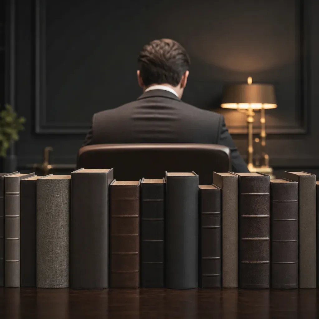 A person in a dark suit sits with their back to camera at a desk, a row of bound volumes standing upright in the foreground and a brass lamp glowing behind them