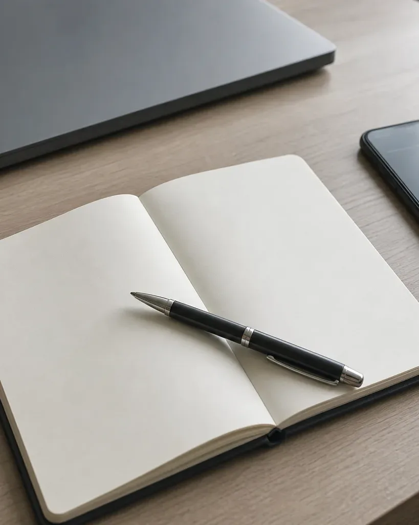 An open notebook with a pen resting across its blank pages lies on a wooden desk beside a smartphone displaying abstract charts and a closed laptop, with a small potted plant nearby