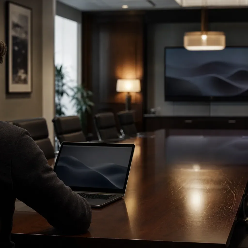 A person seated alone at a long polished conference table works at an open laptop in a dimly lit meeting room with chairs arranged along the sides and a large screen on the far wall