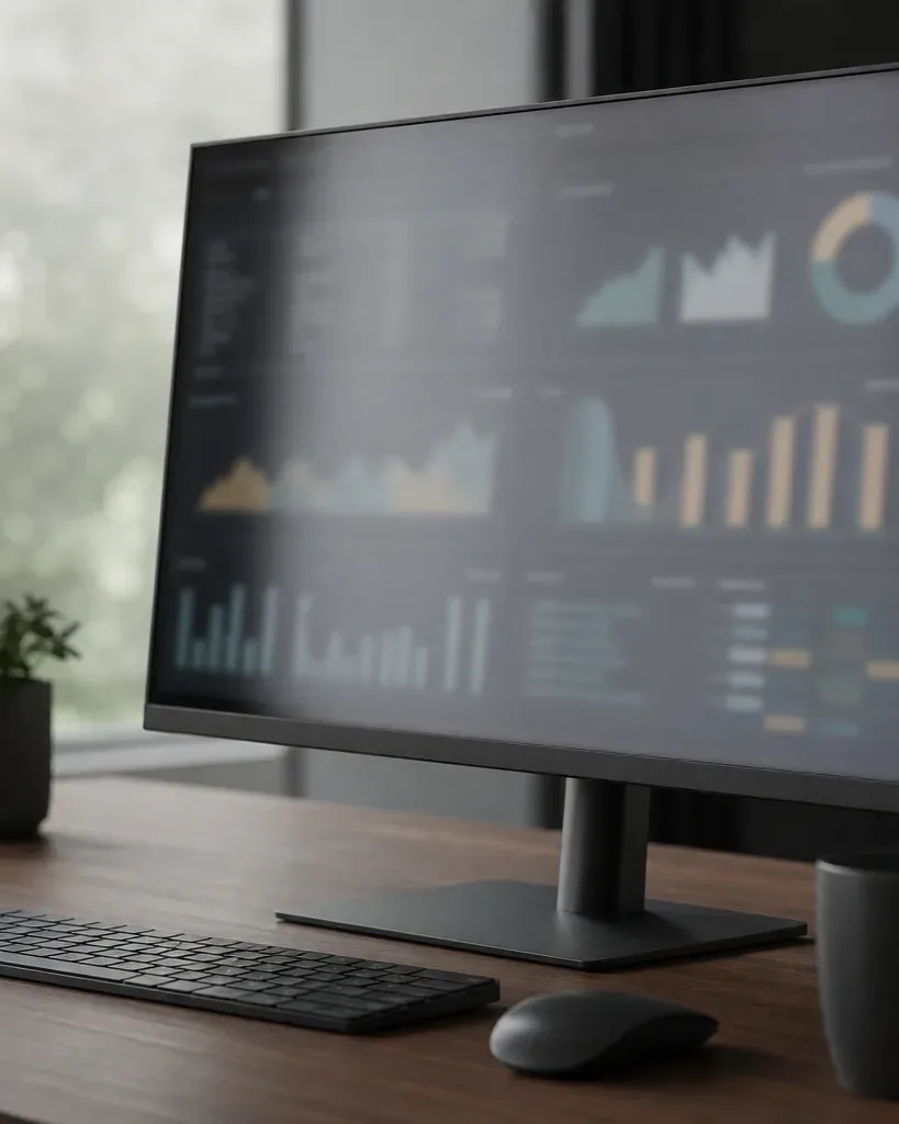 A wide monitor on a wooden desk displays blurred colourful charts and graphs, with a keyboard, mouse, and mug nearby and a plant beside a large window