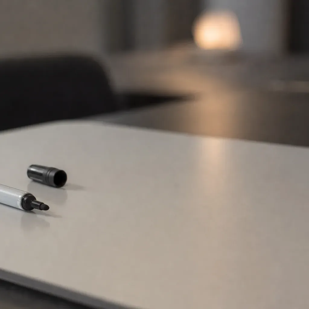 An uncapped marker pen lies on a smooth pale surface beside its cap, with a softly blurred dim background