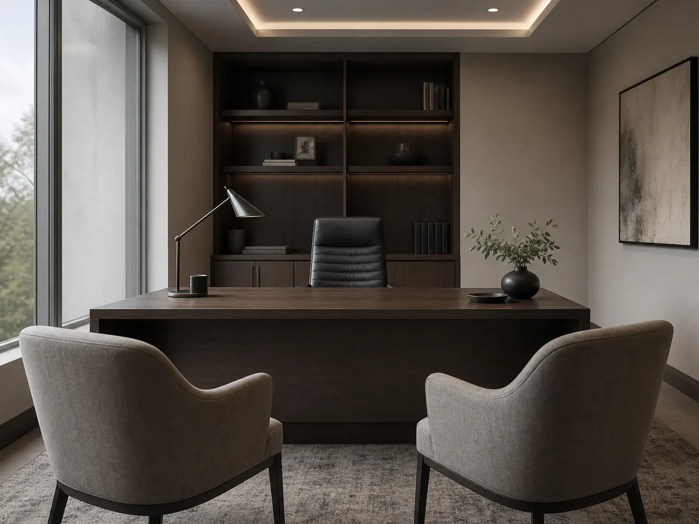 A dark-wood executive desk with a brass task lamp and black vase holding a leafy branch, flanked by two upholstered grey client chairs, in front of a built-in shelving unit in an empty private office with floor-to-ceiling windows
