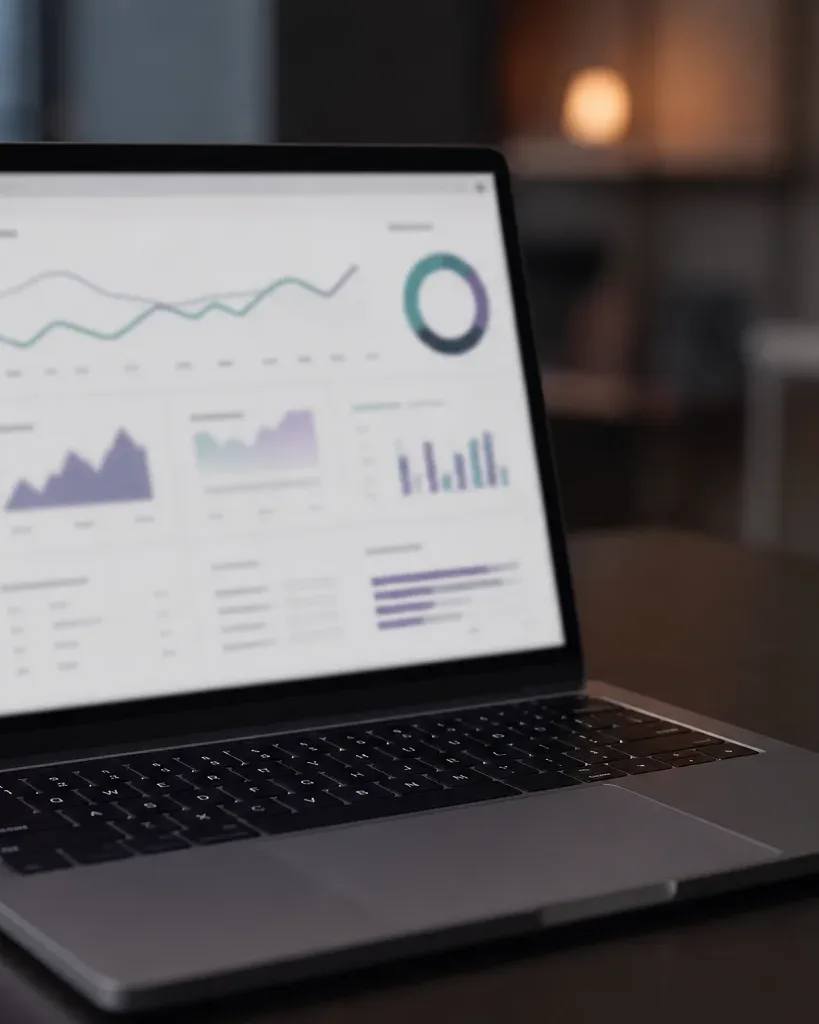 An open laptop on a dark desk displays a blurred analytics dashboard with colourful charts, beside a dark mug and a wireless mouse