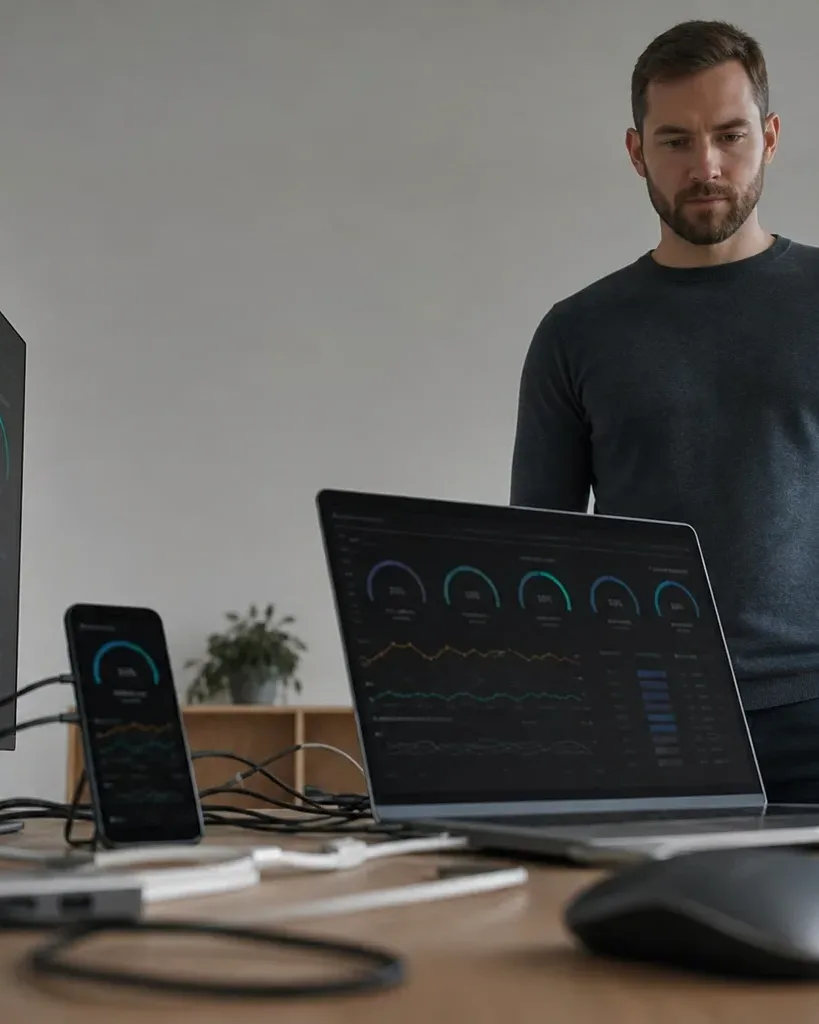 A person stands at a work surface looking at an open laptop and large monitor, both displaying dark dashboards with coloured graphs, alongside a smartphone on a stand and a wireless mouse