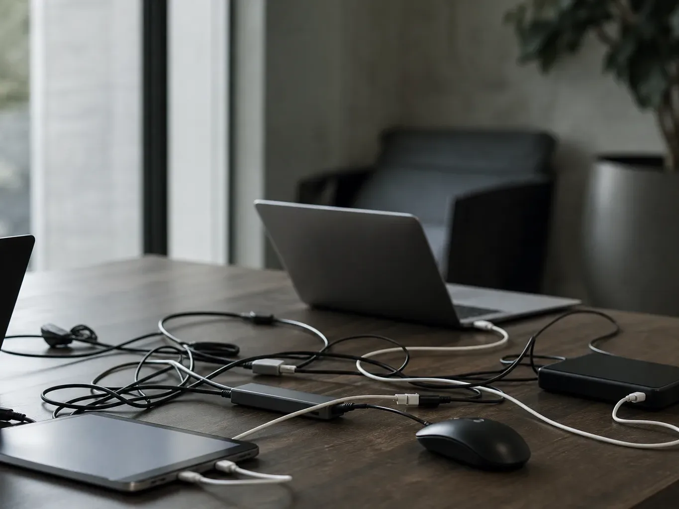A tangle of charging cables and a wireless mouse spread across a dark wooden work surface, with two laptops open and a portable hard drive to one side