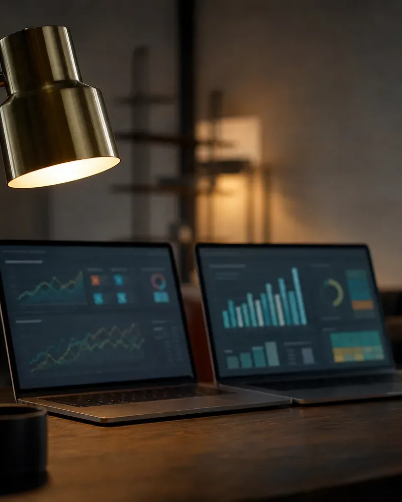 A brass desk lamp casts warm light across a wooden desk where two open laptops display colourful dashboard charts in a dimly lit room