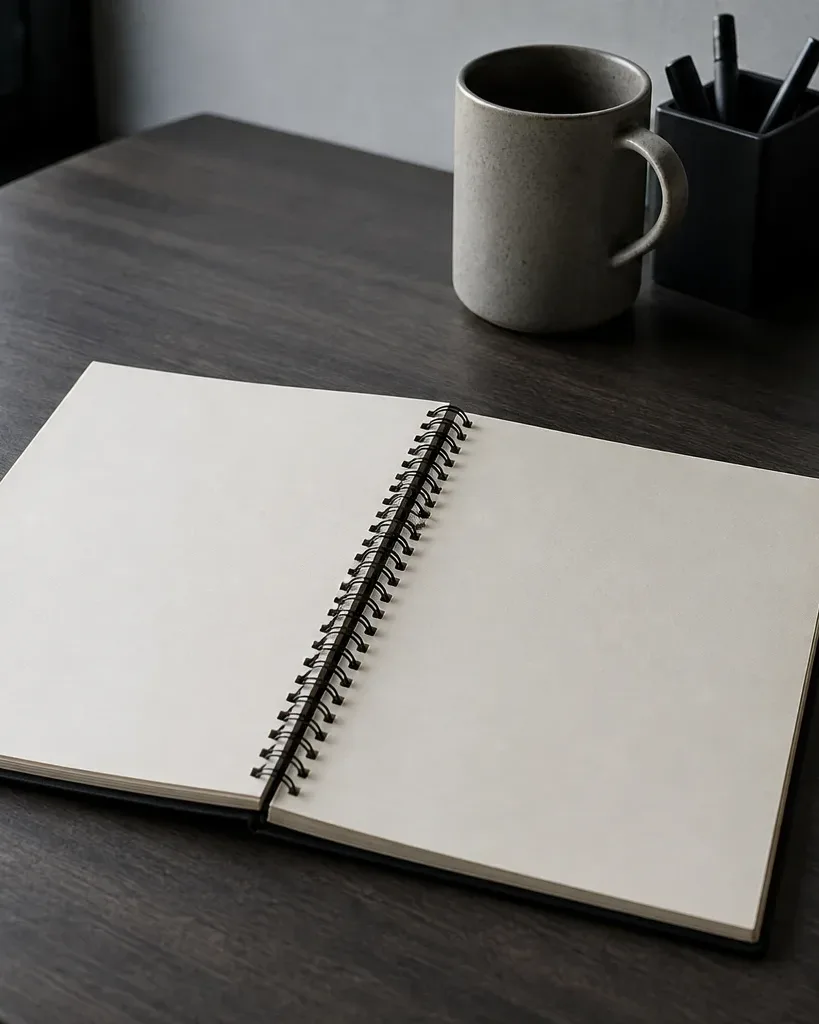 An open spiral notebook with blank cream pages lies on a dark wood desk beside a speckled ceramic mug and a pen holder containing markers