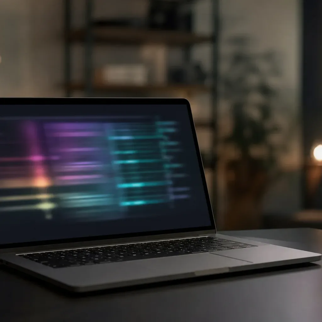 An open laptop on a dark desk displays abstract glowing colour bands on its screen, in a dimly lit room with a floor lamp and shelving visible behind