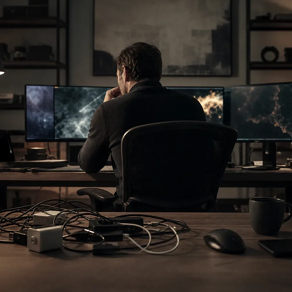 A person sits with their back to camera at a multi-monitor workstation in a dimly lit office, cables and a wireless mouse scattered across the foreground desk surface