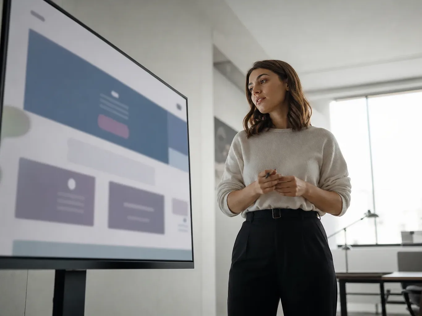 A person stands beside a large monitor displaying an abstract blurred interface layout in a bright modern office