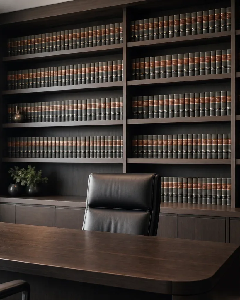 A floor-to-ceiling dark wood bookcase filled with rows of bound legal volumes lines the wall behind a leather chair and a wide dark wooden desk, with diffuse daylight entering from a window to the left