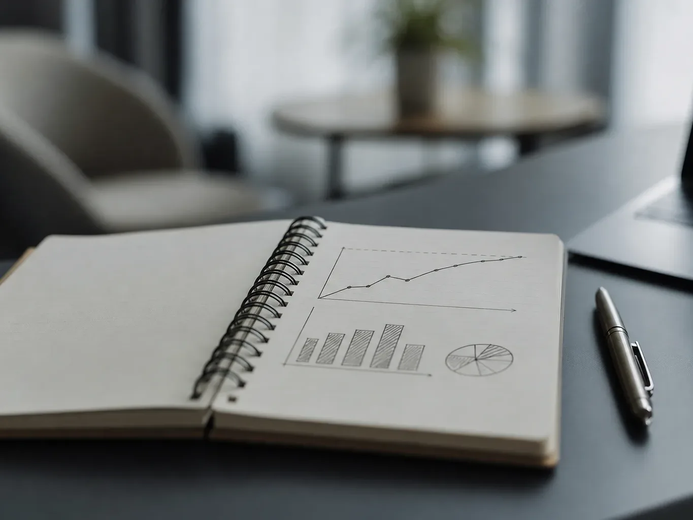 A spiral notebook lies open on a dark desk beside a silver pen, its pages filled with hand-drawn charts and graphs, with a softly blurred office interior behind