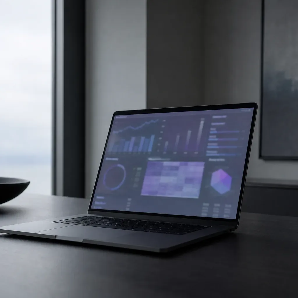 An open laptop on a dark desk displays a glowing dashboard with blurred charts and graphs, beside a dark bowl, cool daylight entering from a window to the left