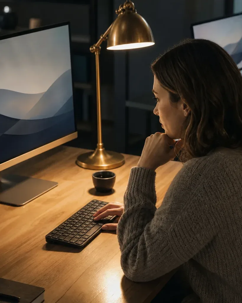 A person in a grey knit sweater sits at a wooden desk working at a keyboard, lit by a brass desk lamp, while another person works at a monitor in the background