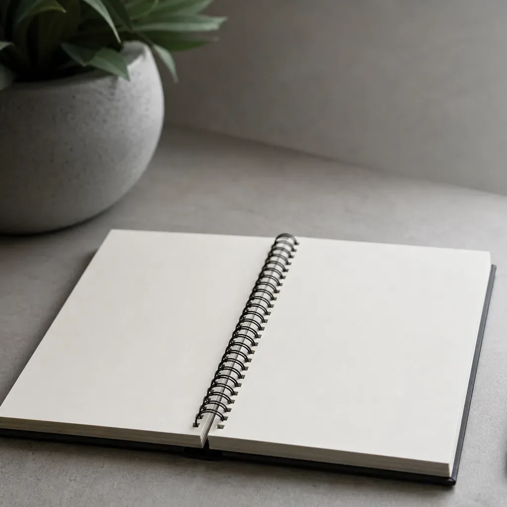 An open spiral notebook with blank pages lies on a grey surface beside a ballpoint pen, with a potted plant in the background