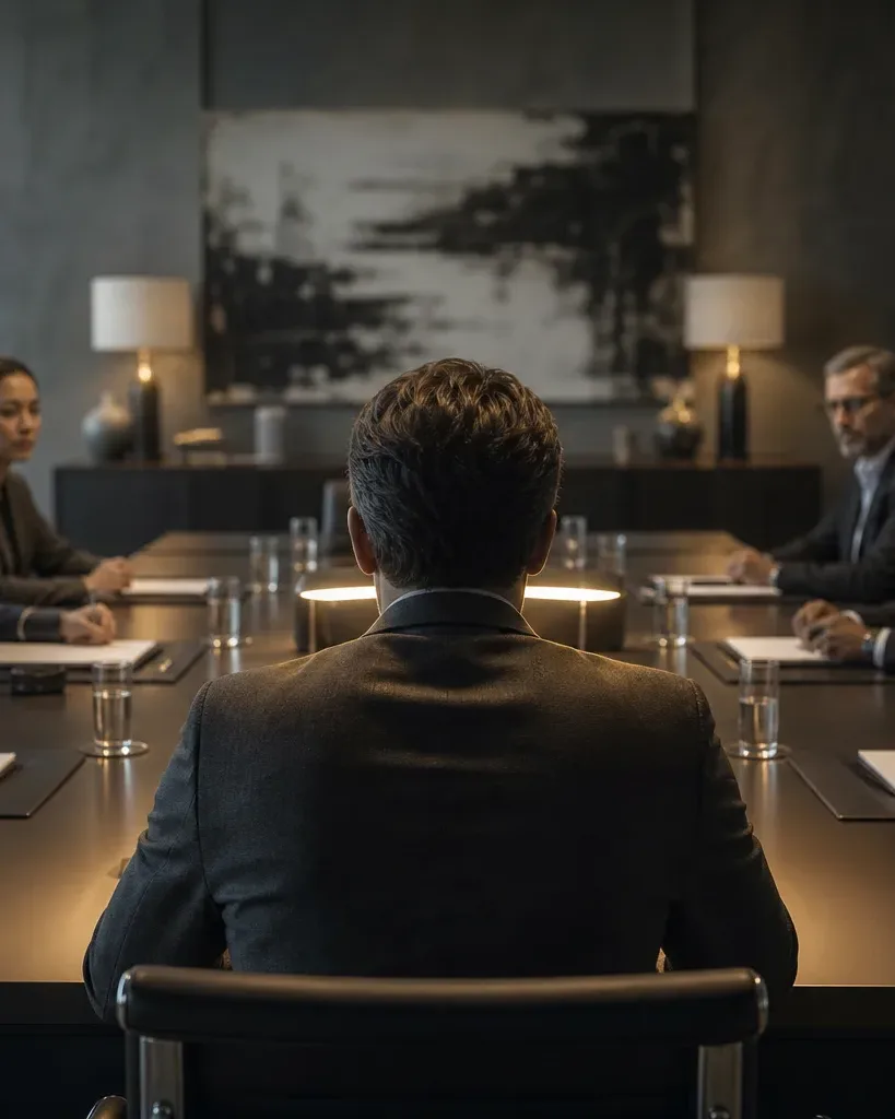 Seven people in business attire sit around a long dark meeting table with notepads and glasses of water, lit by warm overhead lamps