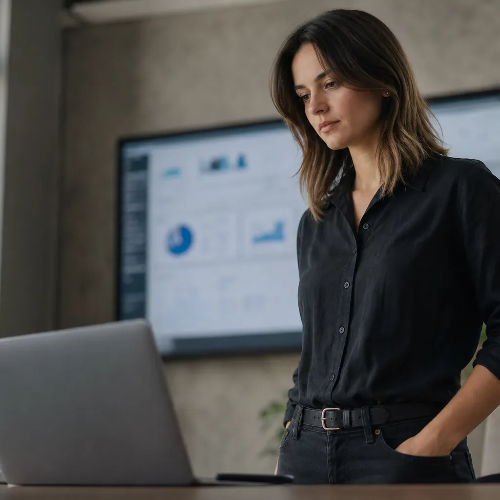 A person in a black shirt stands at a desk reviewing an open laptop, with a large monitor displaying charts and graphs visible in the background of a modern office