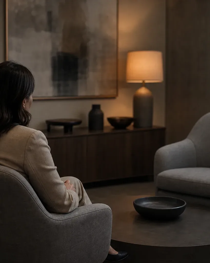 A person sits with their back to the camera in an upholstered chair in a dimly lit room, facing an empty matching chair across a low round table
