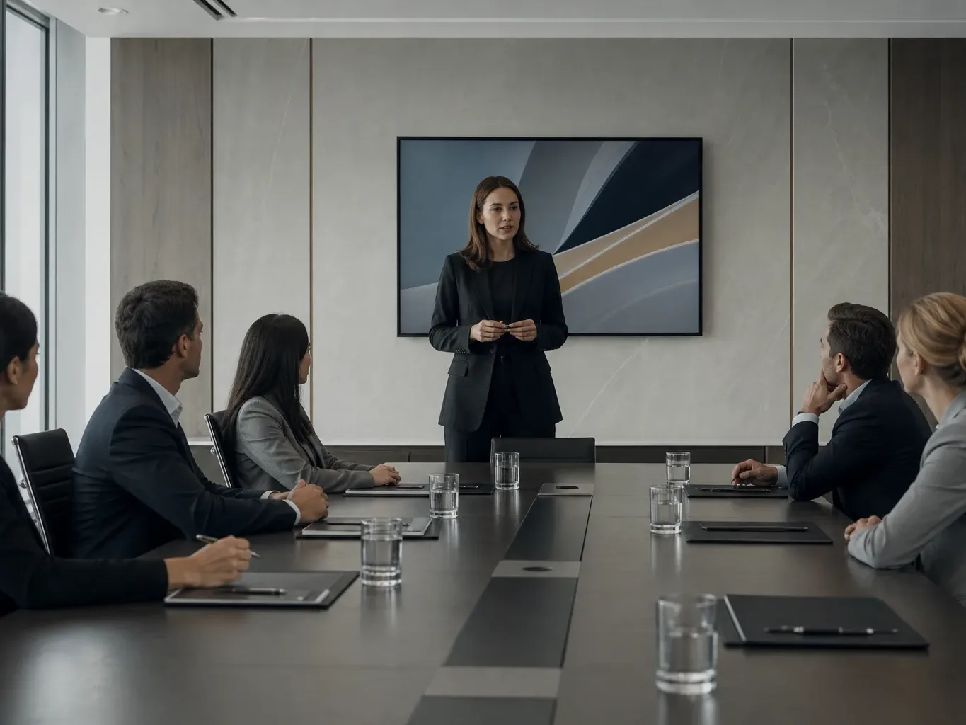 A person in a dark suit stands at the end of a long conference table presenting to five seated colleagues in a modern meeting room, with a large screen on the wall behind them