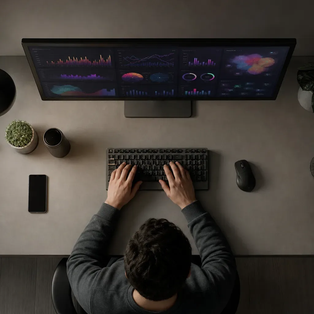 A person seen from directly above typing at a keyboard on a tidy desk, with a wide monitor displaying colourful data charts in a darkened workspace