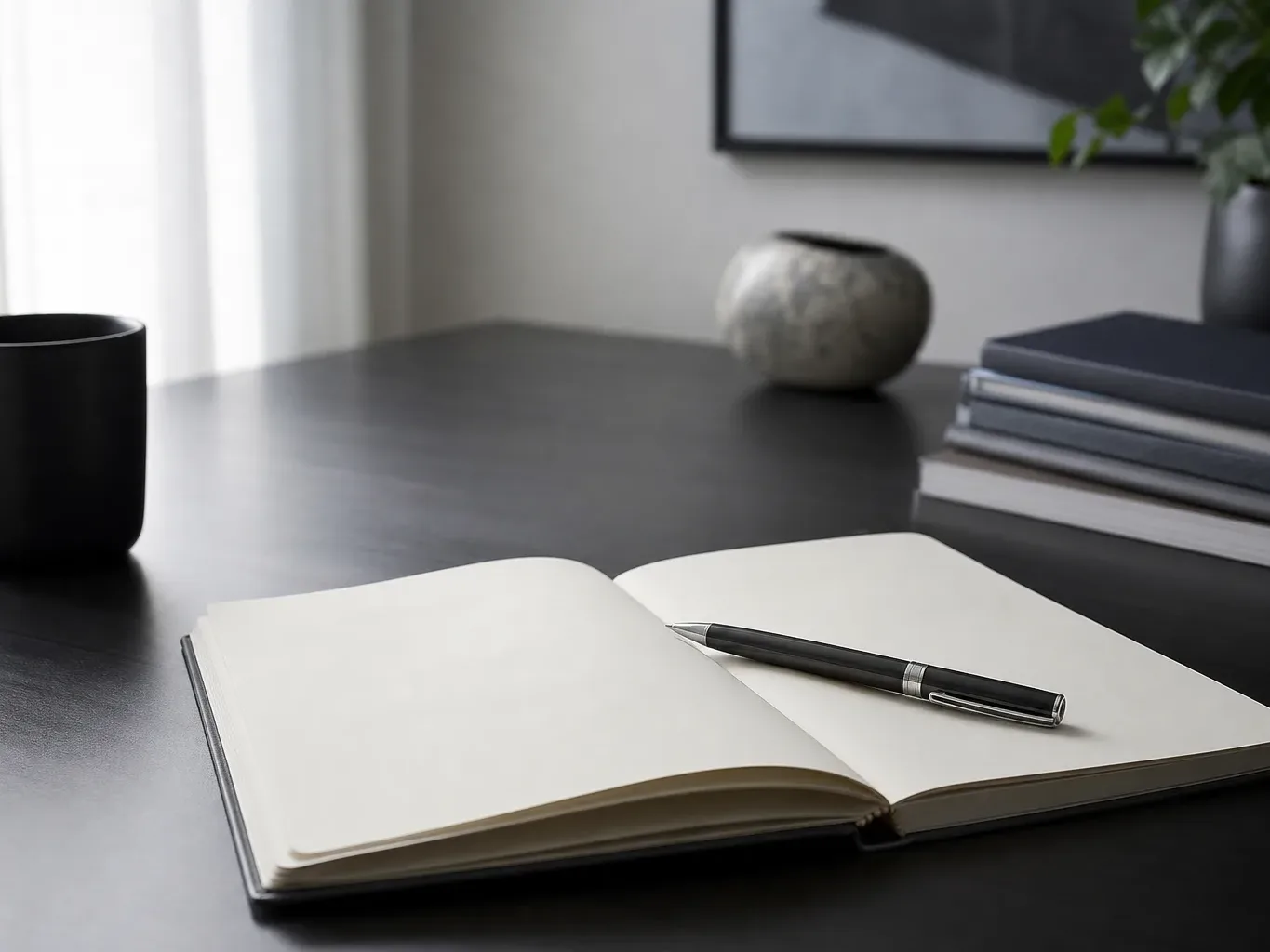 An open notebook with a pen resting across its blank pages sits on a dark desk beside a matte mug, with stacked books and a decorative vessel in the background