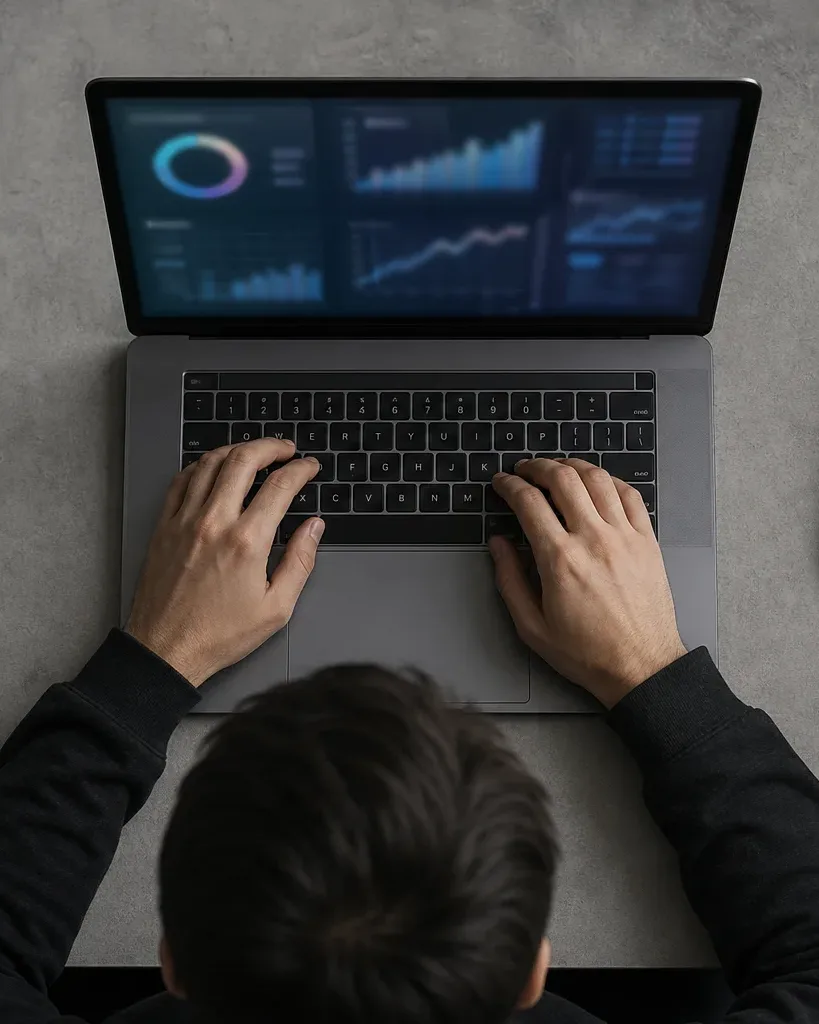 A person seen from directly above, both hands on a laptop keyboard, the screen glowing with colourful dashboard charts, a coffee mug, notebook and small plant on the grey desk beside them