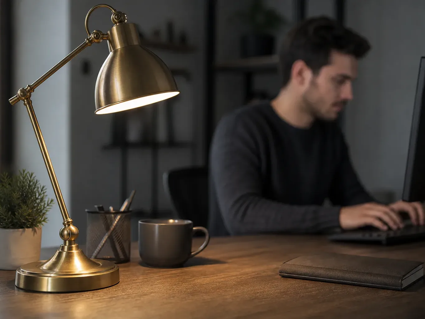 A person works at a keyboard in a softly lit home office, with a brass adjustable desk lamp, a small plant, a pen holder, a mug, and a notebook on the wooden desk surface in the foreground