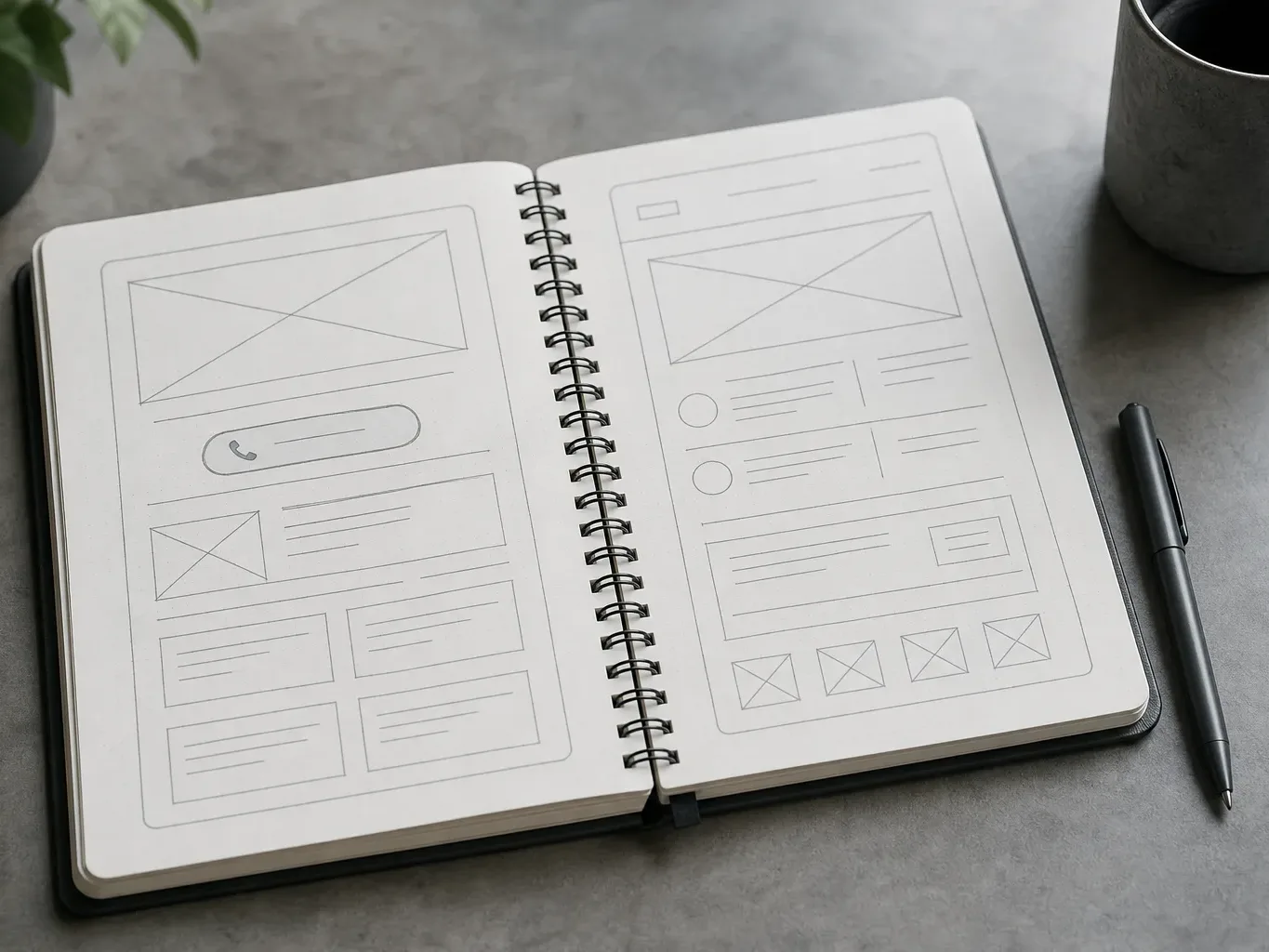 A spiral notebook lies open on a grey surface showing wireframe UI sketches across both pages, with a pen resting beside it and a plant and mug in the background