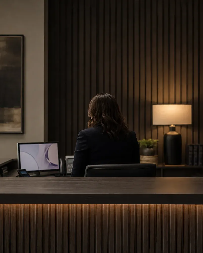 A person in a dark blazer sits with their back to the viewer at an illuminated reception desk with a small potted plant, monitor, and desk phone, in a warmly lit office