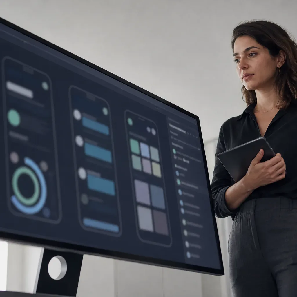 A person holding a tablet stands beside a large monitor displaying abstract dark-themed interface mockups with coloured shapes and charts