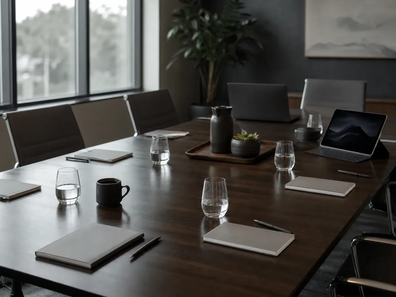 An empty meeting room with a long dark-wood table set with notepads, pens, water glasses, a coffee mug, laptops, and a tablet, beside large windows